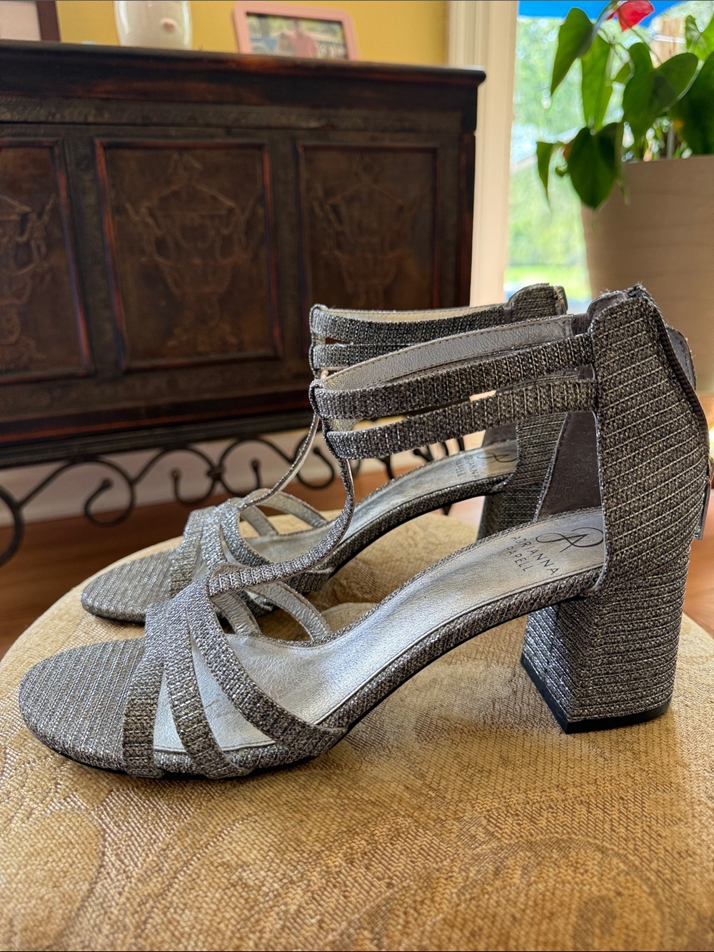 Adrianna Papell Glitter T-Strap Block Heel Sandals - Silver‎